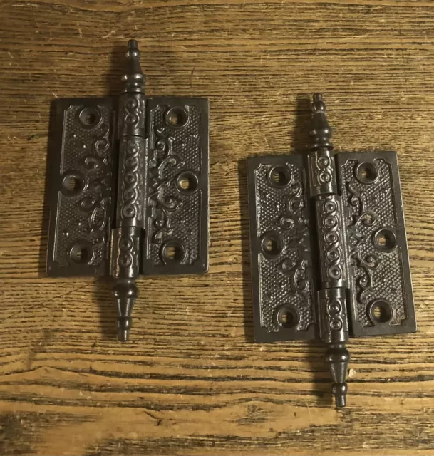 2 Antique Ornate 3” X 3 1/2” Cast Iron Steeple Tip Hinges