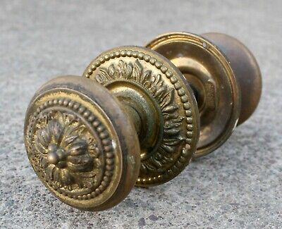 Vintage Antique Old Pair SOLID Brass Doorknob Door Flower Knobs Plates Rosettes