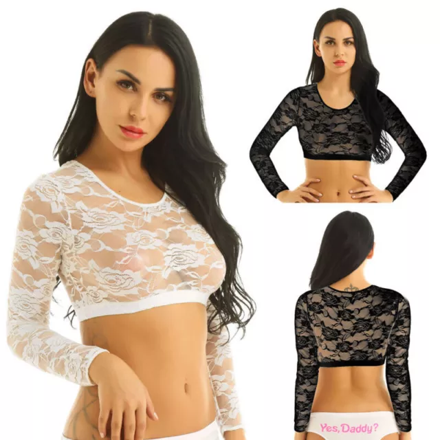 Women Long Sleeves Crop Tops Lace Floral Mesh See Through Blouse Summer T-shirt