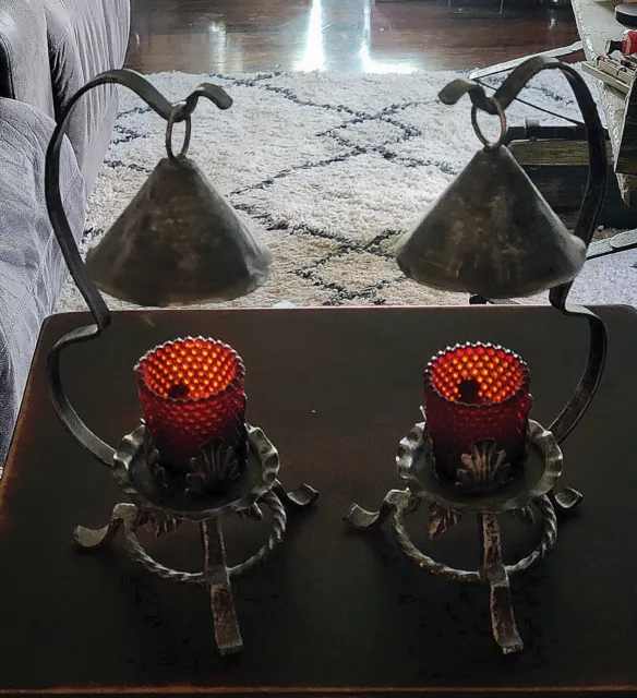 Vintage Pair of Matching Hand Forged Wrought Iron Candle Stands W/Hobnail Candle