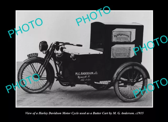 OLD LARGE HISTORIC PHOTO OF HARLEY DAVIDSON BUTTER CART MOTORCYCLE c1915