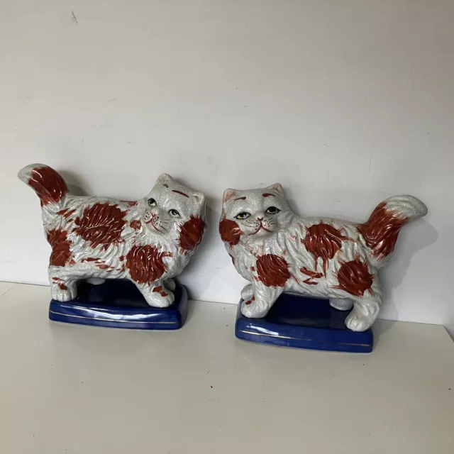 Pair Antique Staffordshire Standing Bookend Mantel Cats Vintage Ornaments