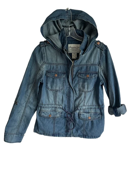 American Rag Cie Utility Jacket Women's Medium Blue Denim Hood Full Zip & Tie