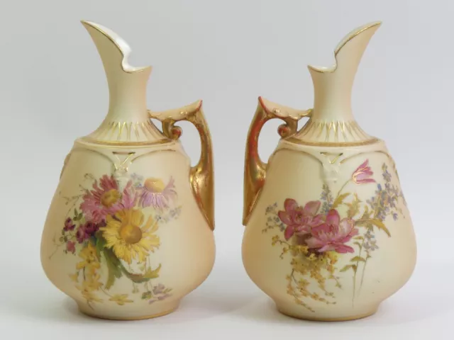 A Fine Pair Of Antique Royal Worcester Blush Ivory Porcelain Ewers C.1900