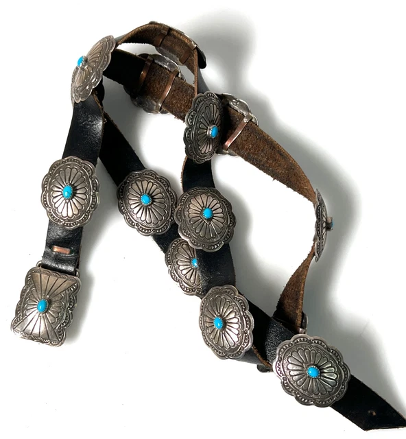 Turquoise & Sterling Silver Sm CONCHO BELT & BUCKLE Navajo Zuni Old PAWN Signed Turquoise & Sterling Silver Sm CONCHO BELT & BUCKLE Navajo Zuni Old PAWN Signed
