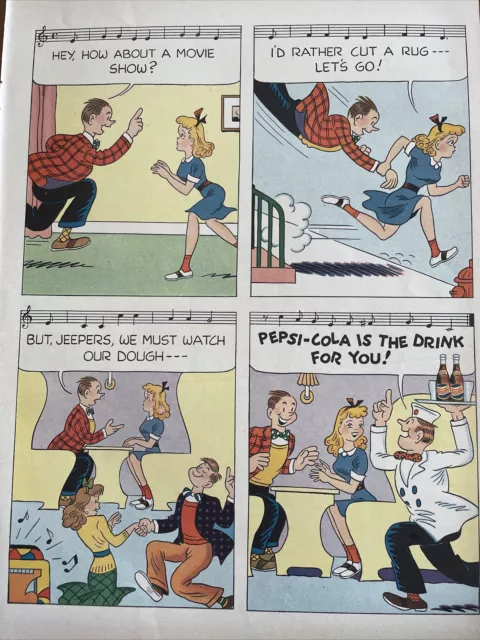 1947 vintage Pepsi cola print ad. Cartoon slide.