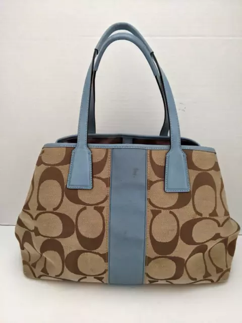 Coach Signature Stripe Framed Carryall Kisslock Bag Silver/Khaki/Blue No F13533