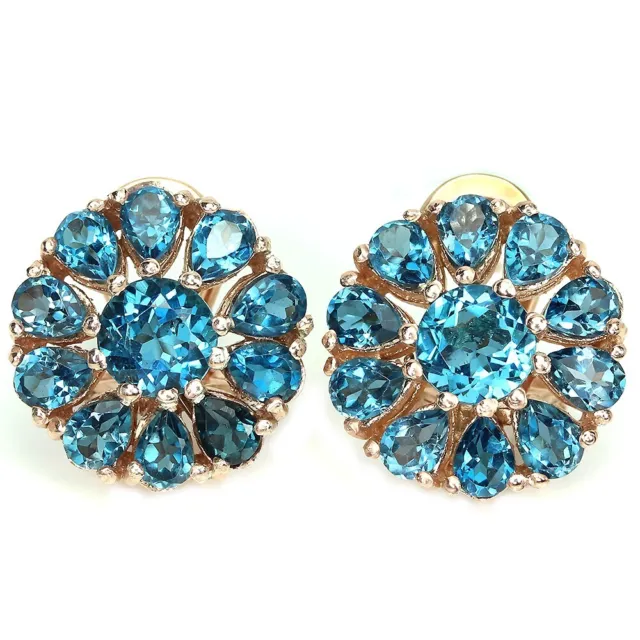 Genuine Aaa London Blue Topaz Pear & Round Stelring 925 Silver Flower Earring