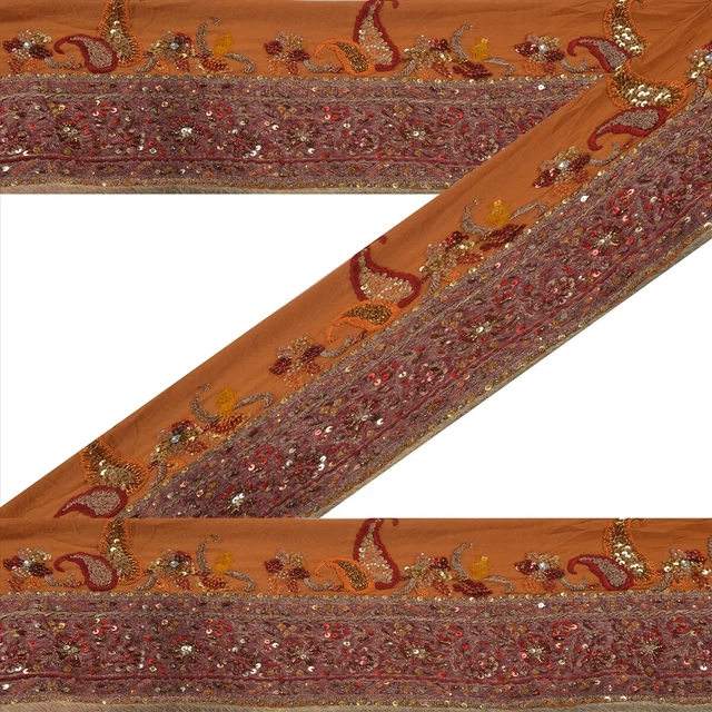 Sanskriti Vintage Saffron Sari Border Hand Beaded Decor Craft Trim Sewing Lace