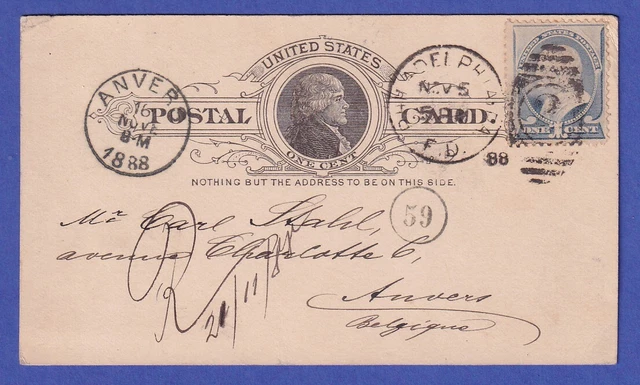 USA 1888 Postcard Mi. No. UX 9 with Mi. No. 53 Gel. from PHILADELPHIA to ANTWERP