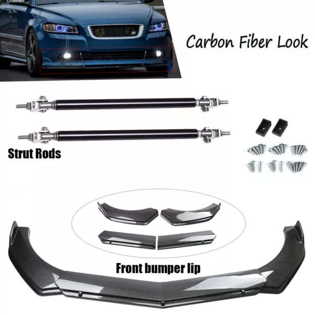 Carbon Fiber Look Front Bumper Lip Splitter Spoiler Strut Rods For Volvo C30