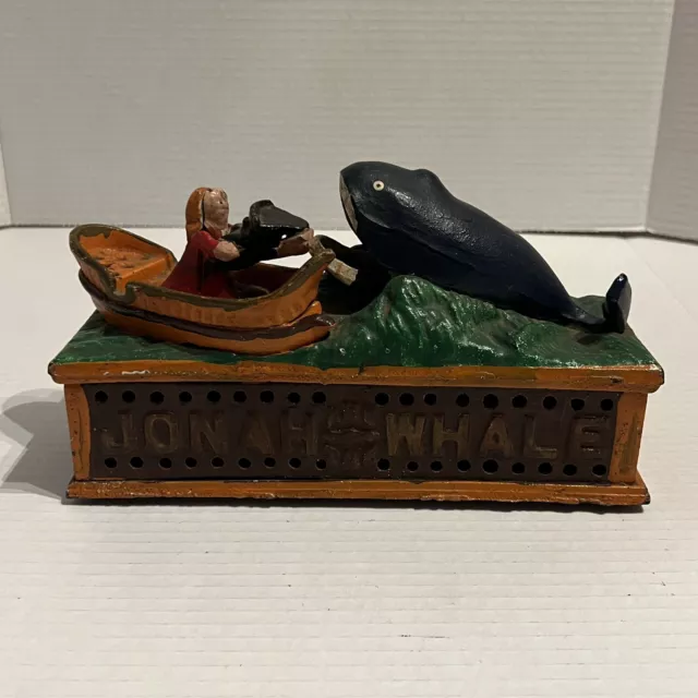 Vintage Jonah and the Whale Cast Iron Penny Coin Mechanical Bank-Works
