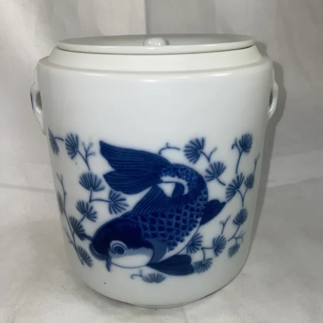 Chinese Blue And White Porcelain Koi Fish Tea Caddy