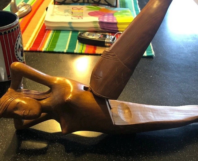 Vintage Hand Carved Wooden Nude Woman Lady Naked Nutcracker Folk Art Carving 13"