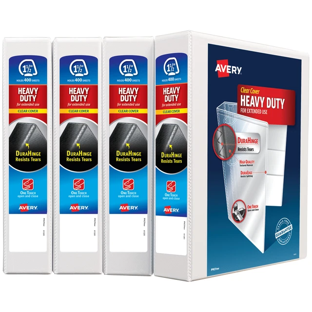 Avery Heavy-Duty 1-Touch EZD Ring View Binders, 1-1/2" Rings, White, 4PK
