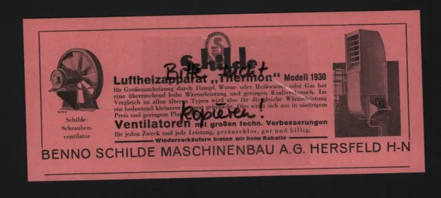 HERSFELD, Werbung 1931, Benno Schilde Maschinenbau AG Luftheizapparat