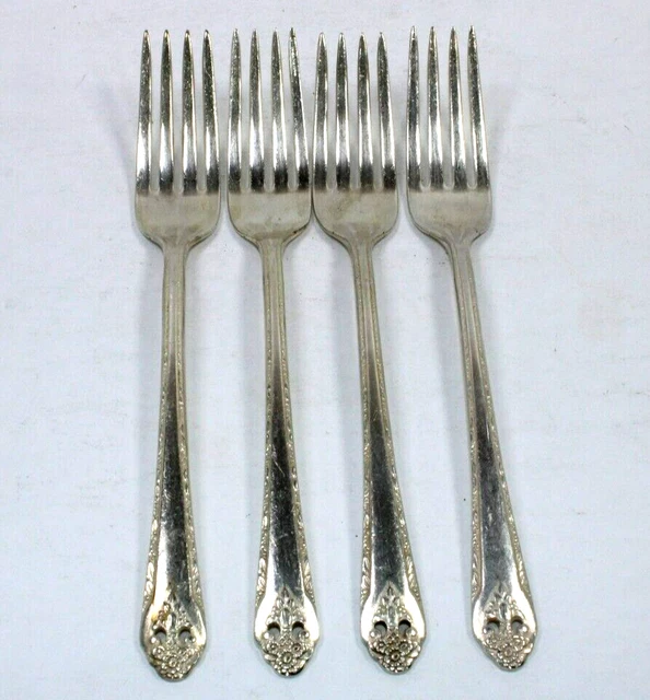 4 Holmes and Edwards Lovely Lady Inlaid Silverplate Dinner Forks