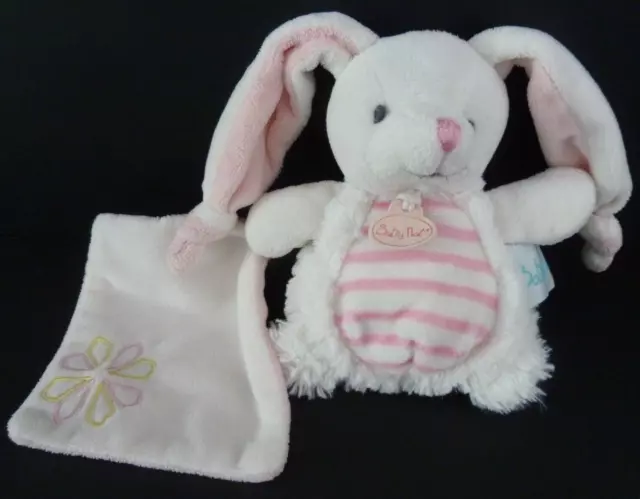 S12. DOUDOU PELUCHE BABY NAT LAPIN LAYETTE rayé rose mouchoir blanc fleur PM TBE