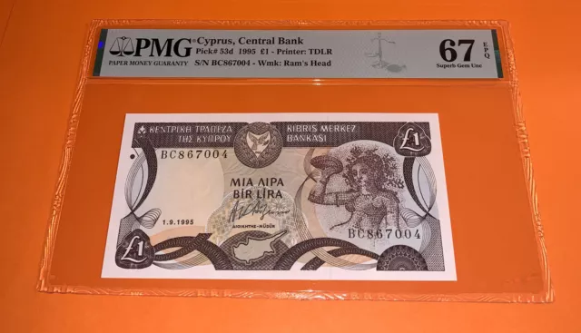 PMG Cyprus, Central Bank 1 Pound Banknote 1995 p53d Superb Gem UNC 67 EPQ