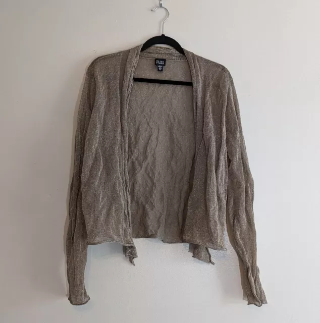 Eileen Fisher Taupe Metallic Glitter Shimmer Open Front Cardigan Sweater Medium