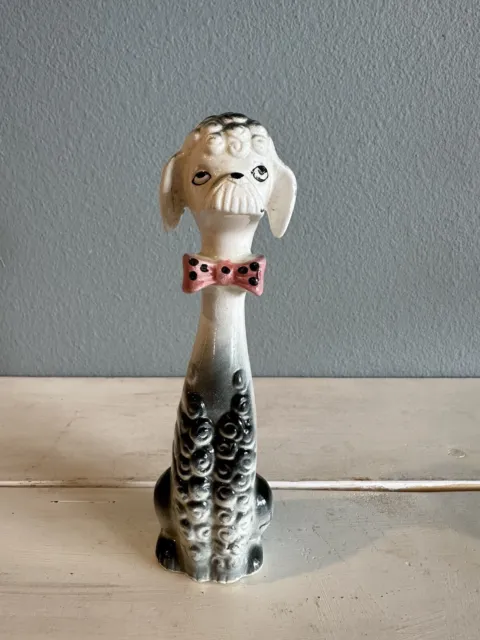 VINTAGE GREY & White Poodle Dog Pink Polka Dot Bow Tie Ceramic Figurine ...