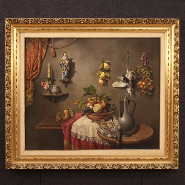 Pintura bodegón estilo antiguo cuadro óleo sobre lienzo con marco siglo XX art