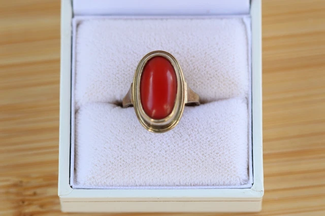 Bague Ancienne Art Déco En Argent Massif 900 Avec Cabochon Rouge - Taille 58/59 - Occasion Portée
