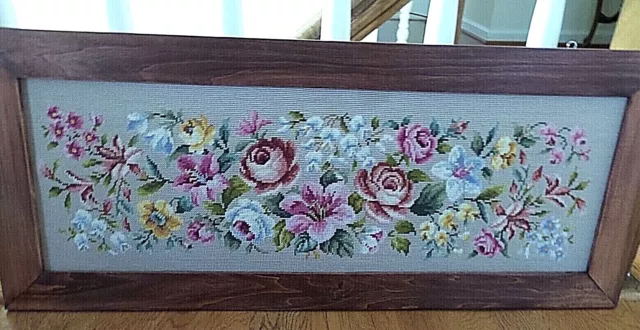 Hand Made Needle Point Floral Wall Hanging Framed In Solid Wood Frame