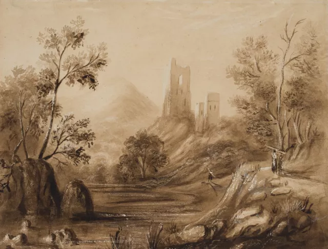 Unbekannt (19.Jhd), Landschaftsphantasie mit Burg, um 1840, Pinselzeichnung