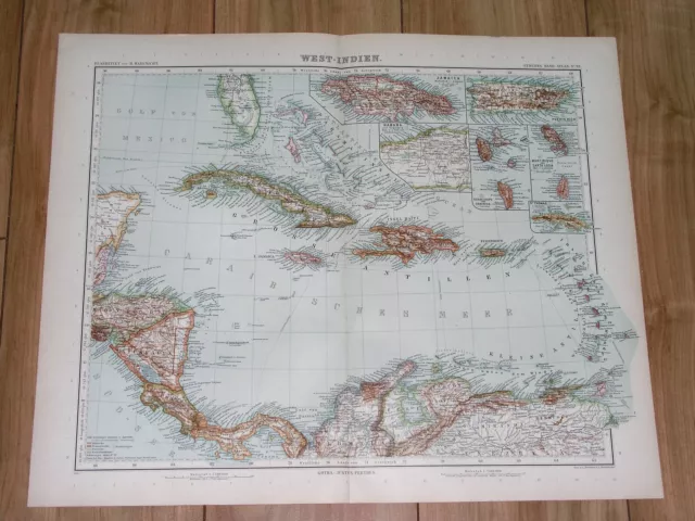 1911 Antique Map Of West Indies Caribbean Florida Bahamas Puerto Rico Costa Rica