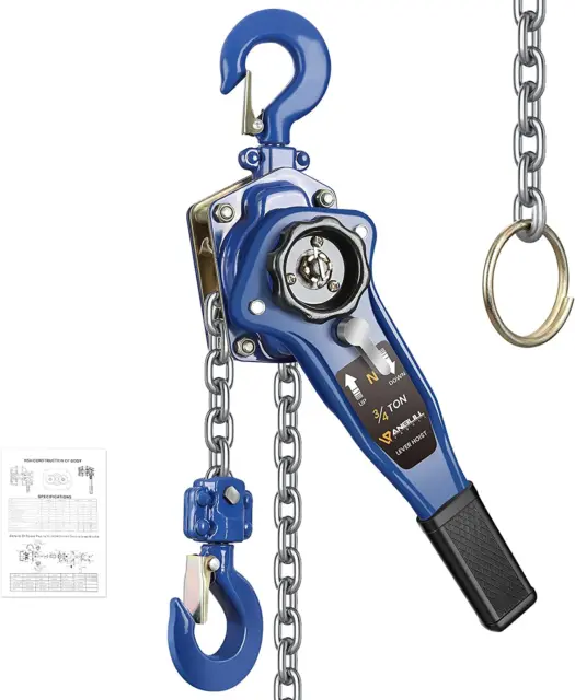 Lever Chain Hoist 1650LBS 5FT, 0.75T 1.5M Manual Ratchet Chain Puller Hoist W/Po