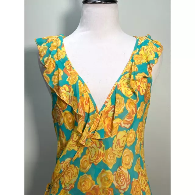 Vintage Betsey Johnson Wrap Dress Medium Turquoise Yellow Rose Floral Silk Midi 2