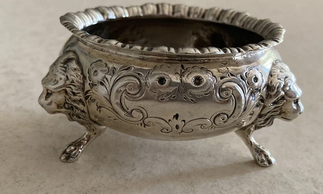 Antique S Kirk & Son Sterling Silver Open Salt Cellar  Repousse Floral Lion Head