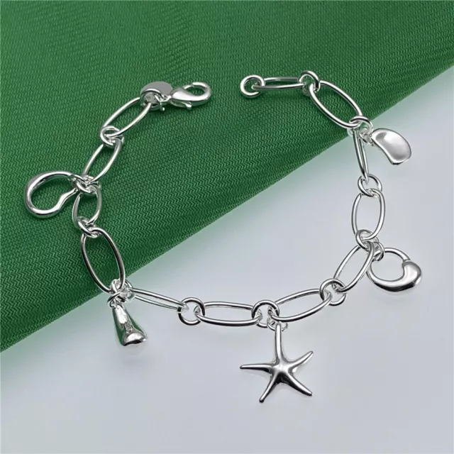 Heart Star Bean Drop Dangle 925 Silver Bracelet Bangle Womens Charm Jewelry