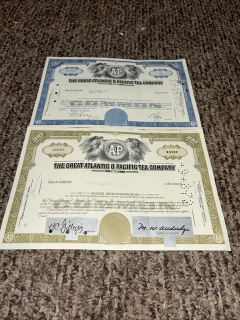 Lot of 2 Different Great Atlantic & Pacific Tea Company Stock Certificates
