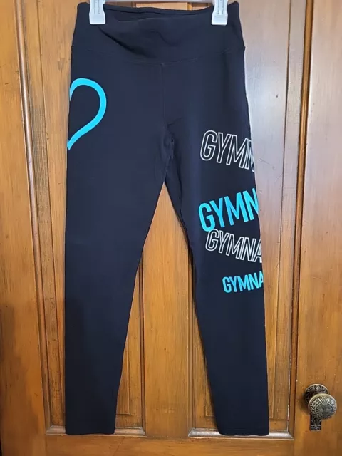 Justice Active Gymnast Leggings, Size 14, Black With Blue & White. Gently Used