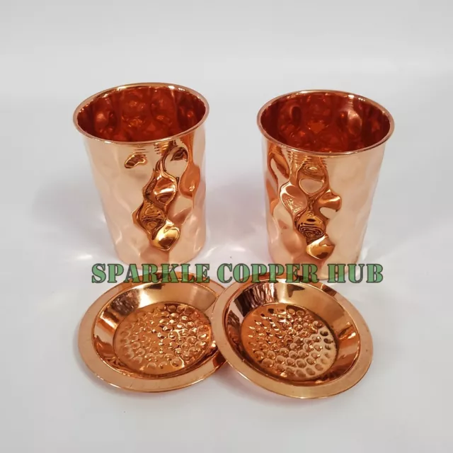 Indio Artesanal Puro Cobre Diamante Agua Potable Vaso con Tapa 2 Piezas