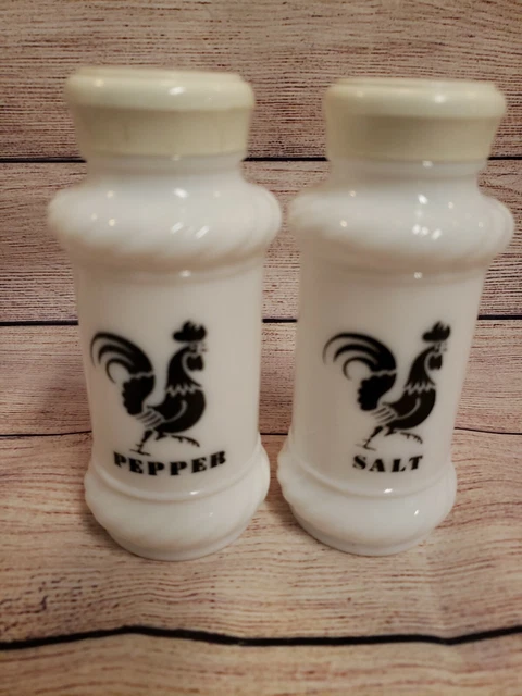 Brockway Hazel Anchor Milk Glass Black Rooster Salt & Pepper Shakers Farmhouse