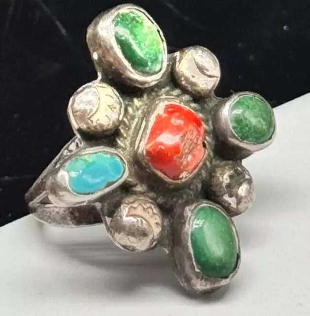 Large Vtg Southwestern Sterling Silver Turquoise Coral Cross Ring Size: 8.5 G02