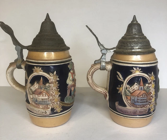 Lot Of 2 Vintage Gerz German Beer Stein DBGM 6" Tall Brass Lid Stamped