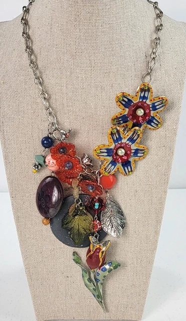 Multicolor Flowers Dangle Charm Necklace 21" Silver-Tone Mixed-Materials Enamel