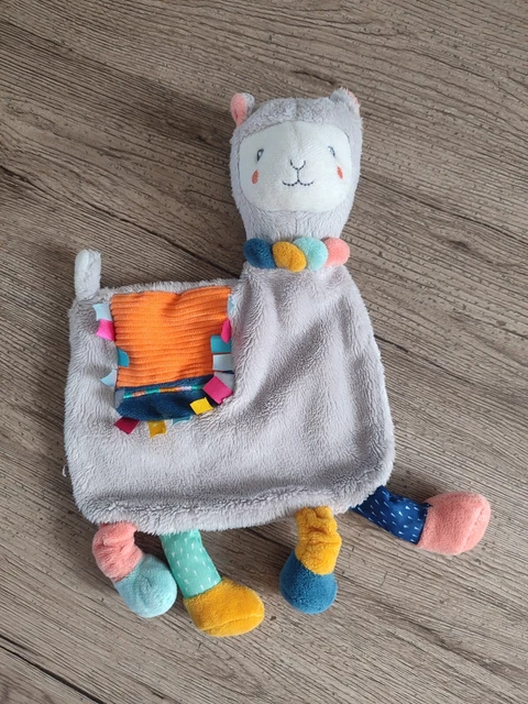 Doudou Plat LAMA Gris Orange Bleu Nicotoy Simba Toys etiquette coupée