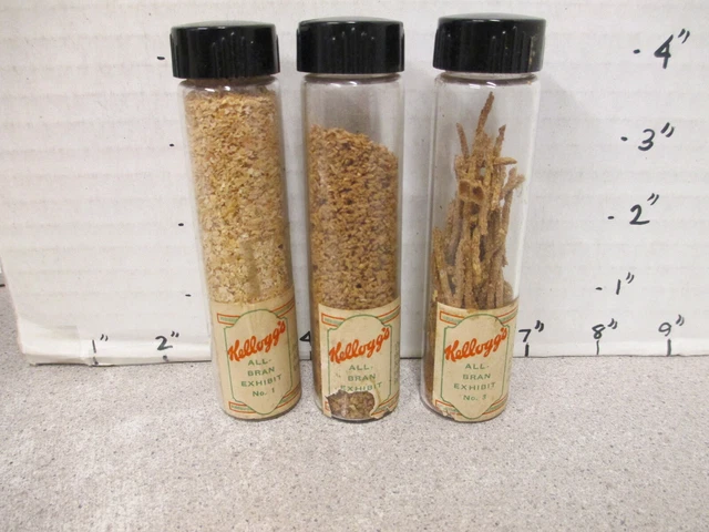 Kellogg's 1930s ALL BRAN cereal box (3) glass salesman samples exhibit bottles
