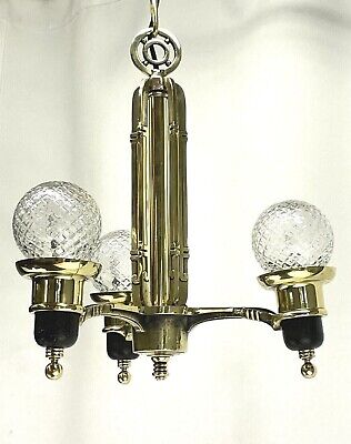 RESTORED Antique Vtg Arts & Crafts Deco Chandelier Brass Hanging 3 Light Mission