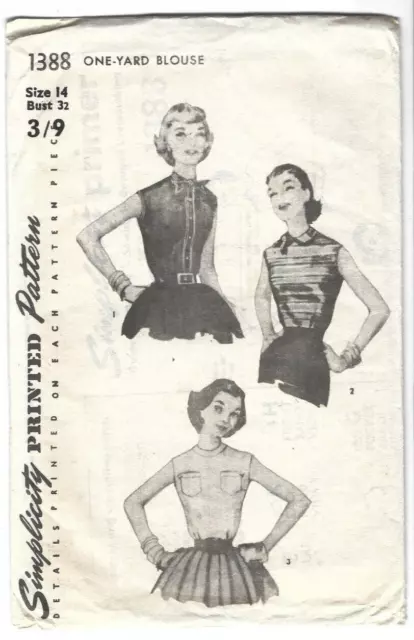 Simplicity Sewing Pattern 1388, Vintage 1950's One Yard Blouse, Size 14 Bust 32