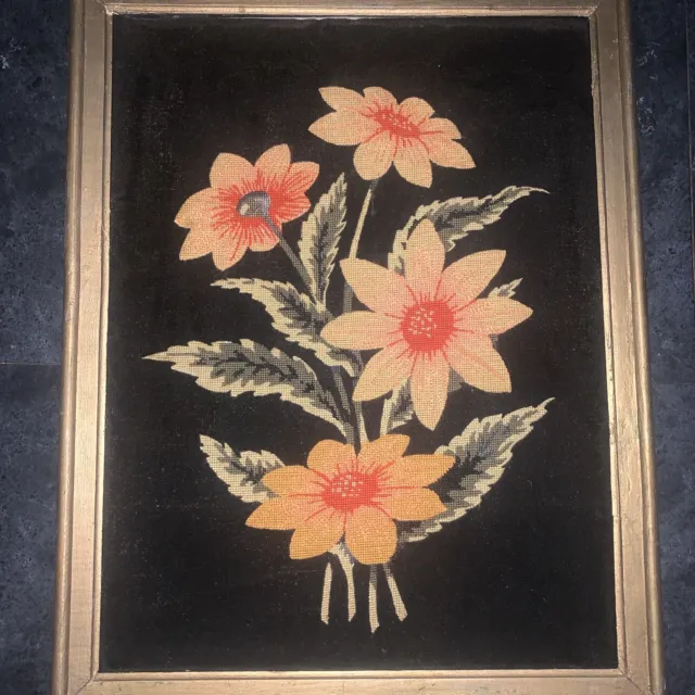VINTAGE 1960’s Retro Flower Power Needle Work On Velvet Framed Art Work