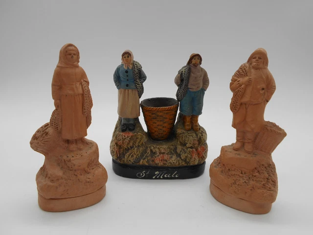 Collection Lot 3 Figurines De Pêcheur / Couple  En Terre Cuite Isle Adam .