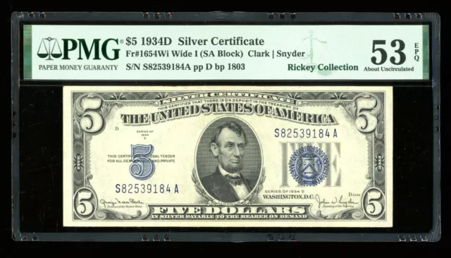 DBR 1934-D $5 Silver Fr. 1654Wi Wide I SA Block PMG 53 EPQ Serial S82539184A