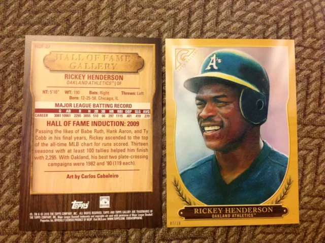 Rickey Henderson HOF-27 A's 5x7 Gold # Ed / 10 Aus 2018 Topps Gallery Hall Of