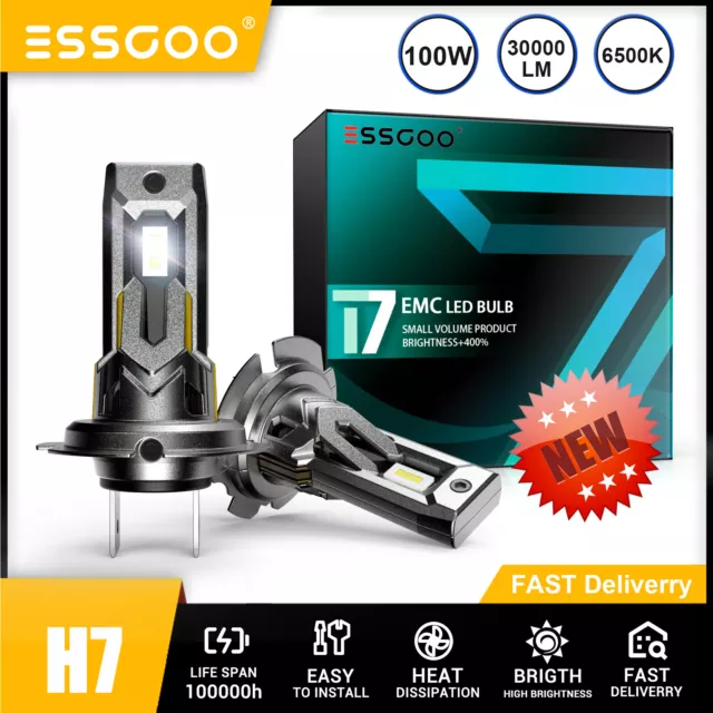 ESSGOO 2X H7 100W LED Headlight Bulbs Kit 30000LM Hi-Lo Beam 6500K Super Bright